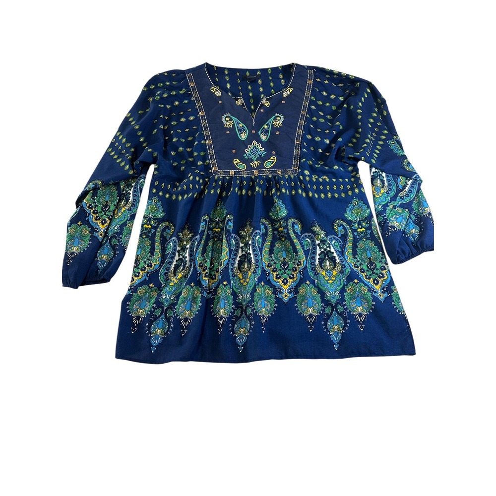 Bohemian Indie Paisley Print Embroidered Bedazzled Women's Blouse‎ Top Floral XL - Picture 2 of 8